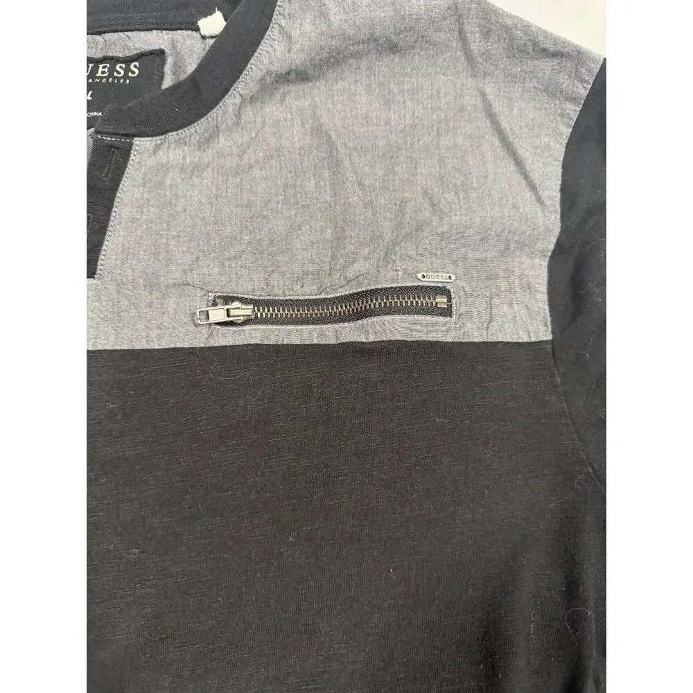 GUESS Men L Colorblock Henley Short Sleeve T-Shirt Black Grey Faux Zip Pocket - Picture 4 of 6